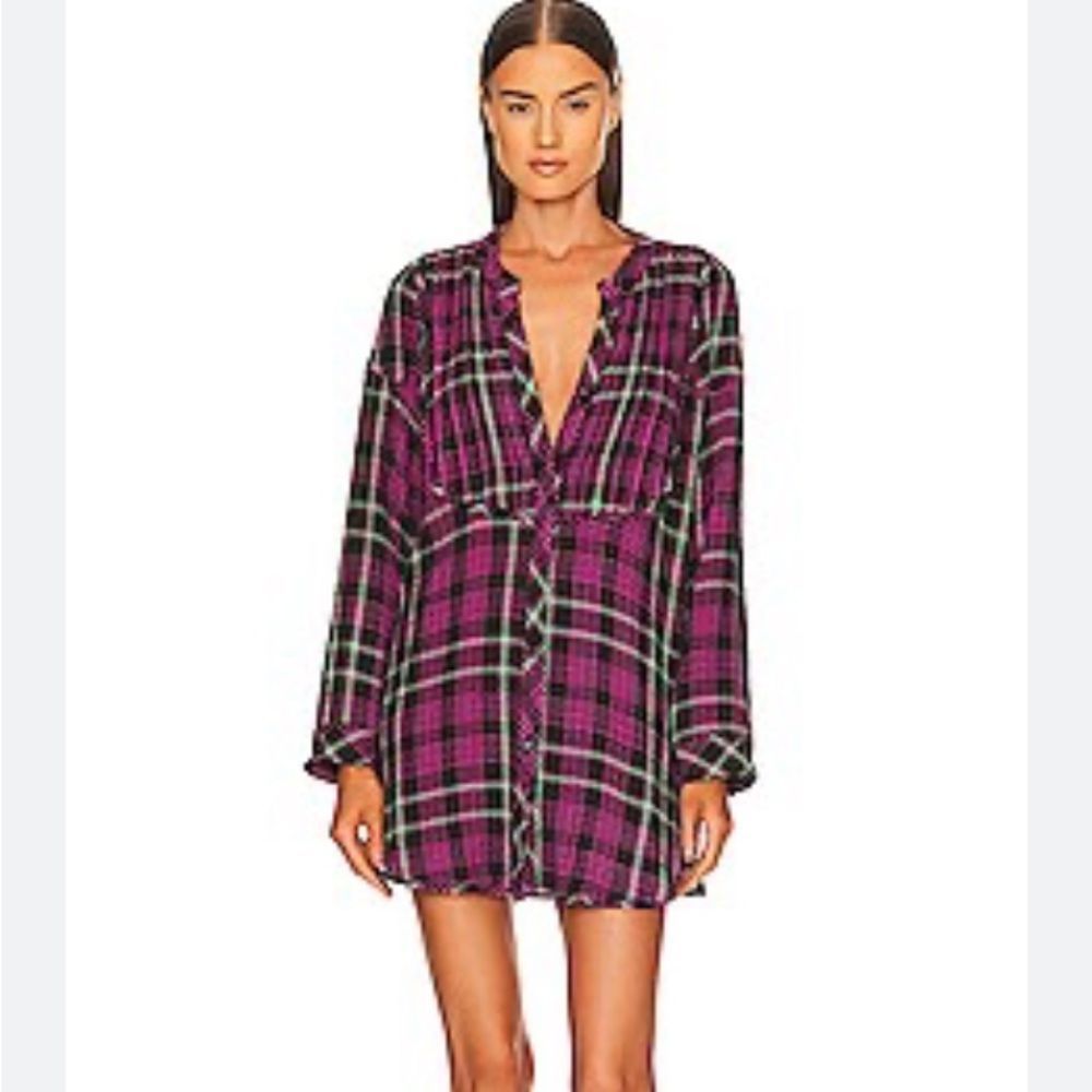 NWT - Free People Plaid About You Flannel Sleep Top in Black Combo Size: M